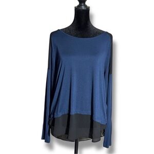 Signature Studio Navy w/Sheer Black Details Long Sleeve Lightweight High-Low Top